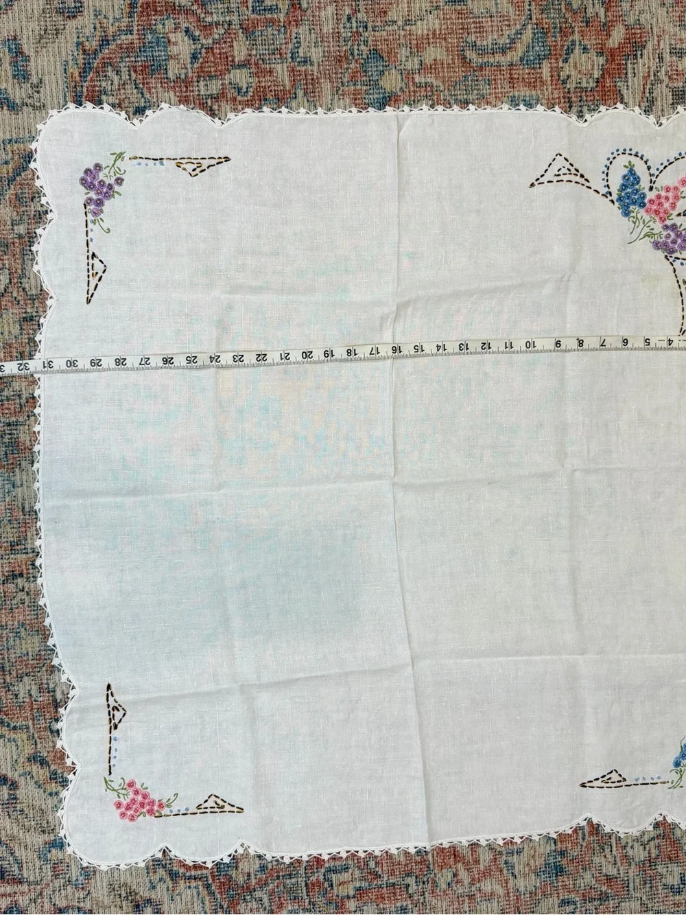 Vintage Hand Embroidered Linen Tablecloth White Floral Scalloped 32x32 Cottage